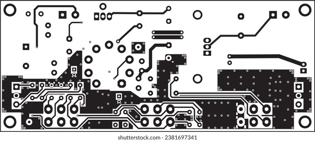 Electric background. Vector pcb pattern. Printed circuit board of an electronic device with conductors and contact pads placed on it. Engineering drawing.