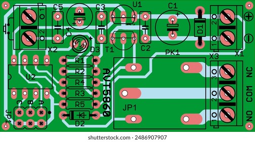 Electric background. Vector pcb pattern. Printed circuit board of an electronic device with conductors and contact pads placed on it. Engineering drawing.