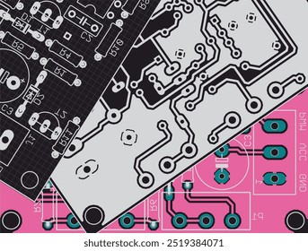 Electric background. Vector pcb pattern. 
Printed circuit board of electronic 
device with components of radio elements,
conductors, contact pads. 
Engineering computer technic cad drawing with grid.