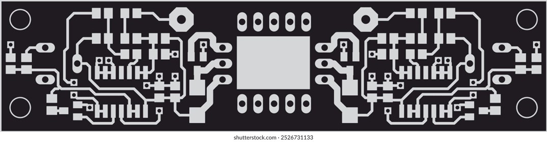 Electric background. Vector pcb pattern. Printed circuit board of electronic 
device with electrical
conductors, microcontroller and contact pads placed on it. 
Engineering drawing. 