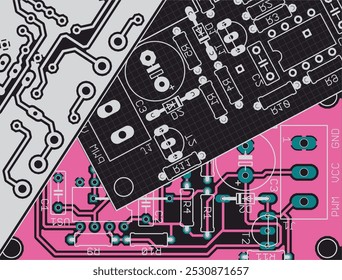 Electric background. Vector pcb pattern. 
Printed circuit board of electronic 
device with components of radio elements,
conductors, contact pads. 
Engineering computer technic cad drawing with grid.