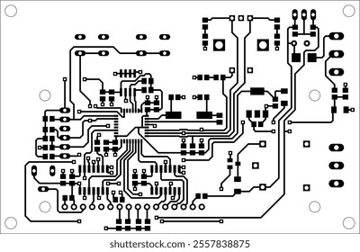 Electric background. Vector pcb pattern. 
Printed circuit board of electronic 
device with
conductors and contact pads placed on it. Engineering drawing. Computer technic cad design.