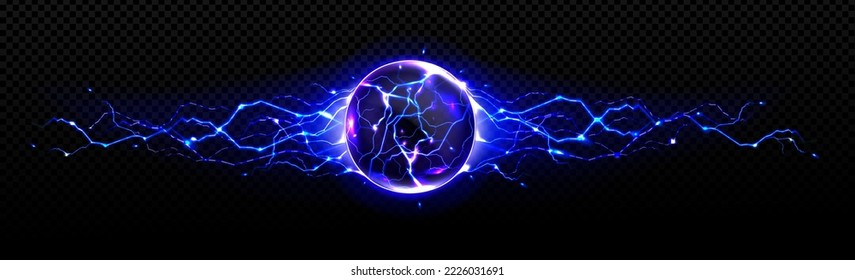 Electric ball with blue energy discharge strikes, round lightning or thunderbolt circle, plasmic sphere, powerful magic electrical isolated dazzle effect, Realistic 3d vector illustration