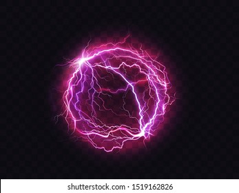Electric ball, lightning circle strike impact place, plasma sphere in purple color isolated on dark background. Powerful electrical discharge, magical energy flash. Realistic 3d vector illustration