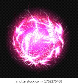 Balón eléctrica, círculo relámpago impacta en el lugar, esfera plasmática de color púrpura aislada en el fondo oscuro. Fuga eléctrica potente, energía mágica flash. Ilustración vectorial 3d realista