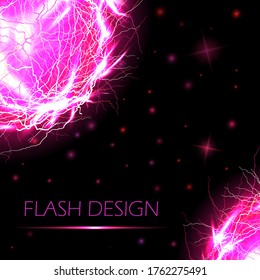 Electric ball, lightning circle strike impact place, plasma sphere in purple color with stars isolated on dark background. Powerful electrical discharge, magical energy flash. Realistic 3d vector