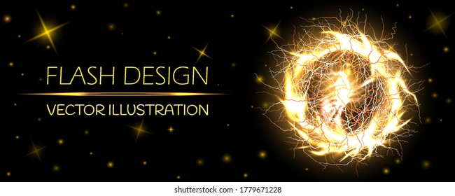 Electric ball, lightning circle strike impact place, plasma sphere in golden color with stars isolated on dark background. Powerful electrical discharge, magical energy flash. Realistic 3d vector