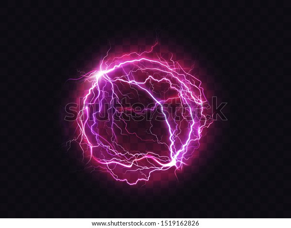 Electric ball, lightning circle strike\
impact place, plasma sphere in purple color isolated on dark\
background. Powerful electrical discharge, magical energy flash.\
Realistic 3d vector\
illustration