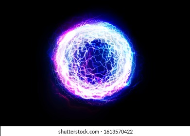 Electric ball. Lightning circle. Thunderbolt. Vector electric discharge effect. Flash, plasma ball, energy or portal. The light sphere in blue and purple colors isolated on a black background.