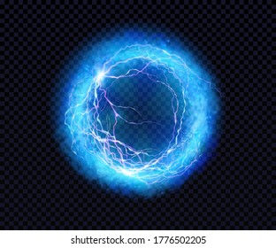 Electric ball. Lightning circle. Thunderbolt. Vector electric discharge effect. The light sphere in blue and purple colors isolated on a black background. Flash, plasma ball, energy or portal. Vector