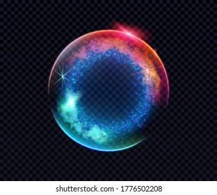 Electric ball. Lightning circle. Thunderbolt. Vector electric discharge effect. The light sphere in blue and purple colors isolated on a black background. Flash, plasma ball, energy or portal. Vector