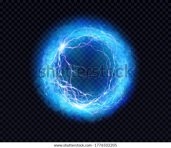 Electric ball. Lightning circle. Thunderbolt.\
Vector electric discharge effect. The light sphere in blue and\
purple colors isolated on a black background. Flash, plasma ball,\
energy or portal.\
Vector