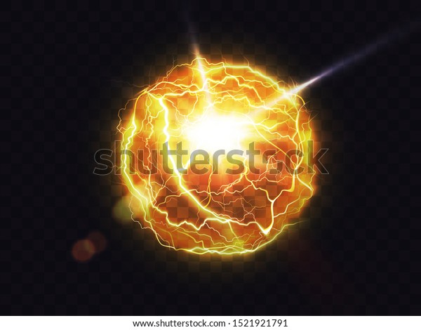 Electric ball, lightning fireball, strike\
impact place, plasma sphere in yellow color isolated on dark\
background. Powerful electrical discharge, magical energy flash\
Realistic 3d vector\
illustration