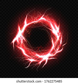 Electric ball, lightning plasma sphere, circle strike impact place in red color with lens flare effect isolated on black background. Powerful electrical discharge Realistic 3d