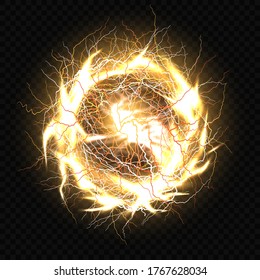 Electric ball, lightning plasma sphere, circle strike impact place in gold color with lens flare effect isolated on black background. Powerful electrical discharge Realistic 3d vector illustration