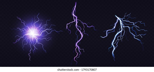 Electric ball and lightning strike, impact place, plasma sphere or magical energy flash of blue and lilac colors isolated on black background. Powerful electrical discharge, Realistic 3d vector set