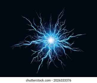 Electric ball lightning vector illustration, abstract electricity blast storm or thunderbolt in dark sky, flash light thunder spark background