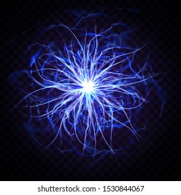 Electric ball or plasma sphere, realistic vector illustration. Abstractt ball lightning with burning rays or powerful electric discharges isolated on black background. Magical energy design element