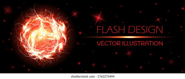 Electric ball. Powerful electrical discharge, magical energy flash. Lightning circle strike impact place, plasma sphere in isolated on dark background. Realistic 3d vector illustration