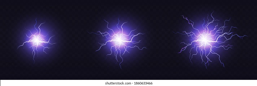 Electric ball, round lightning, blue thunderbolt circles of small, medium and large size. Magic energy strike, plasma sphere, powerful electrical isolated discharge dazzle, Realistic 3d vector set