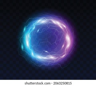 Electric ball, round lightning frame, blue thunderbolt circle border, magic portal, energy strike. Plasma sphere, powerful electrical isolated discharge dazzle. Realistic 3d vector illustration
