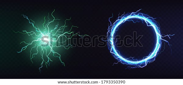 Electric ball, round lightning frame, blue\
thunderbolt circle border, magic portal, energy strike. Green\
plasma sphere, powerful electrical isolated discharge dazzle,\
Realistic 3d vector\
illustration