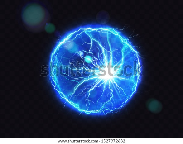 Electric ball, vector lightning circle\
strike impact place, plasma sphere in blue color isolated on dark\
background. Powerful electrical discharge, magical energy flash.\
Realistic 3d\
illustration