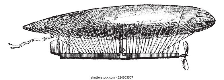 Electric balloon airship, vintage engraved illustration. Dictionary of words and things - Larive and Fleury - 1895.
