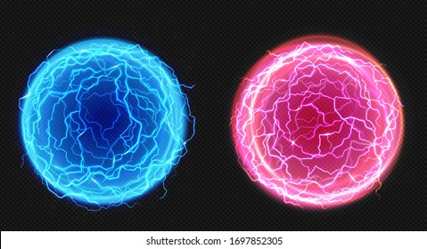 Elektrische Bälle, Blitzkreisstreik, Plasmabegel in Blau- und Rosa-Farben. Leistungsstarkes elektrisches Entladen, magischer Energieblitz einzeln auf transparentem Hintergrund Realistische 3D-Vektorillustration-Illustration