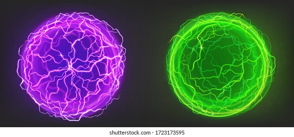 Electric balls, lightning circle strike, plasma spheres purple and green colors. Powerful electrical discharge, magical energy flash isolated on black background, Realistic 3d vector illustration