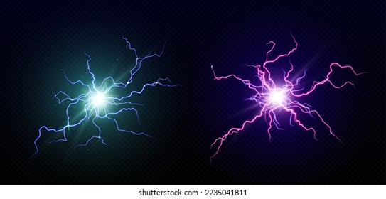 Electric balls, round lightnings, blue and purple thunderbolt circles. Magic energy strikes, plasmic spheres, powerful electrical isolated discharge, glowing dazzle, Realistic 3d vector illustration