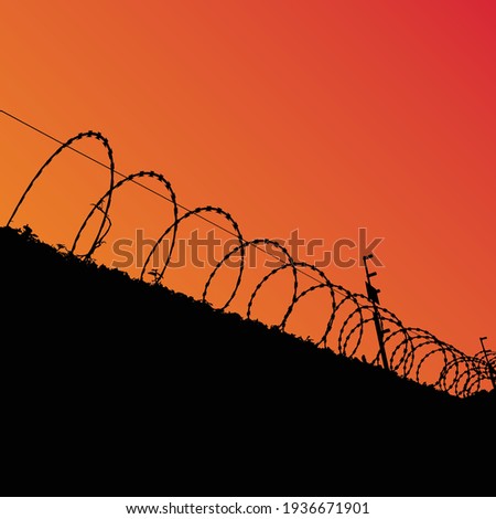 Electric barbed wire fence under orange sky vector silhouette