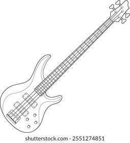 an electric bass guitar, featuring detailed outlines of the body, neck, frets, strings, pickups, and tuning pegs, making it interesting for its precise depiction of the instrument's components