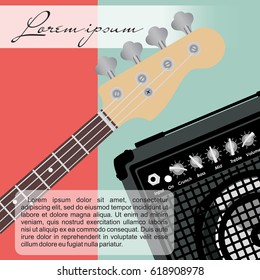 Electric bass guitar neck with strings and speaker on a green and red background. Vector illustration.