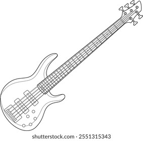 an electric bass guitar, showcasing its detailed components such as the body, neck, frets, strings, and tuning pegs, making it interesting for those studying musical instruments or graphic design