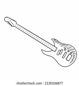 Electric bass guitar. Vector doodle illustration. Musical rock instrument.