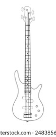 Electric bass guitar vector monochrome illustration. Isolated on white background. Musical instrument. Vector black and white illustration.