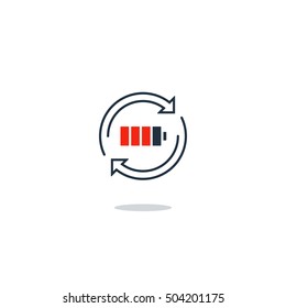 Concepto de carga eléctrica de la batería, icono del acumulador automático, eficiencia energética. Ilustración vectorial de diseño plano. Elementos gráficos de electricidad