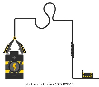 Electric battery charging connected clamp cable cartoon, vector illustration, horizontal, isolated