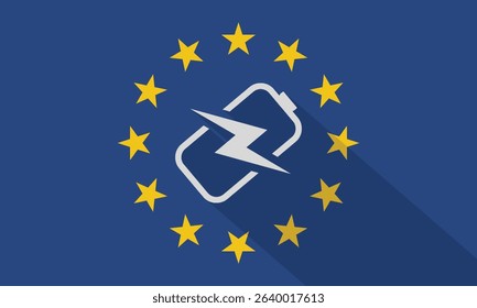 Electric Battery Charging Long Shadow on the European Union Flag.