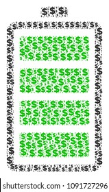 Electric battery composition of dollars and circle spots. Vector banking icons are arranged into electric battery mosaic.