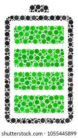 Electric Battery composition of dots in different sizes and color tinges. Filled circles are combined into electric battery vector mosaic. Vector design concept.