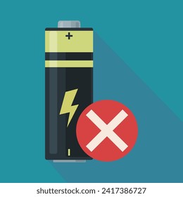 Electric battery on a blue background with the cross in a red invalidation circle with shadow (flat design)