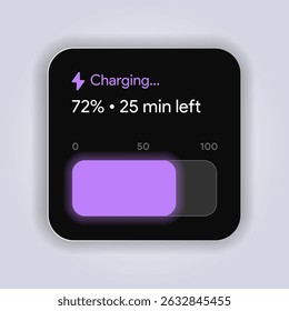 Electric battery widget interface. Charging progress display with time and percentage. Neon glowing indicator on dark background. Futuristic smartphone UI component. Vector Illustration.