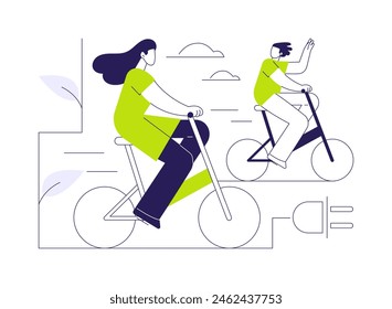 Electric bicycle abstract concept vector illustration. Group of diverse friends riding electric bike, ecology environment, sustainable urban transportation, personal bicycle abstract metaphor.