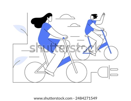 Electric bicycle abstract concept vector illustration. Group of diverse friends riding electric bike, ecology environment, sustainable urban transportation, personal bicycle abstract metaphor.