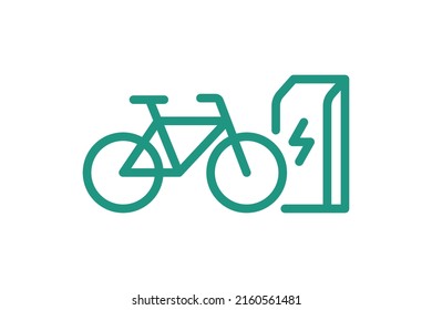 Electric bicycle charging in charger station linear icon. Electrical bike energy charge green symbol. Eco friendly electro cycle recharge sign. Vector eps battery powered e-bike transportation