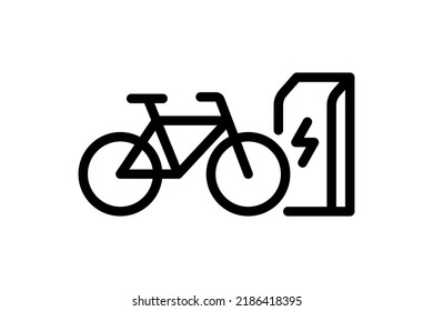 Electric bicycle charging in charger station linear icon. Electrical bike energy charge black symbol. Eco friendly electro cycle recharge sign. Vector eps battery powered e-bike transportation