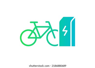 Electric bicycle charging in charger station icon. Electrical bike energy charge green gradient symbol. Eco friendly electro cycle recharge sign. Vector eps battery powered e-bike transportation