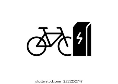 Elektrisches Fahrradladen in Ladestation Symbol. Elektrisches Fahrrad Energie Ladung schwarzes Symbol. Umweltfreundliches Elektrozyklus-Ladezeichen. Batteriegrün angetriebene E-Bike Transport eps Logotype